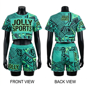 Premium 280GSM Cotton Polyester Crop Top Short <b>Set</b> Teal Green Geometric Print Heat Transfer Logo 100% Cotton T shirt & Short <b>Set</b> - Product Image 1