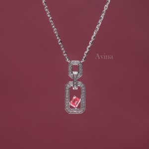 IGI Certified Lab Grown Diamond Emerald Cut Pink <b>Ruby</b> Open Link Pendant <b>Necklace</b> in 18K White Gold Geometric Designer <b>Necklace</b> - Product Image 1