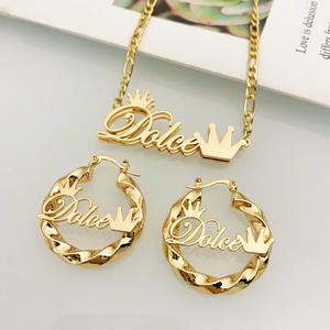 Set Personalizzato di Collane con Nome e <span class=keywords><strong>Corona</strong></span>, Orecchini in Acciaio Inossidabile Dorato, Gioielli alla Moda per Donne, Idea Regalo - Product Image 2