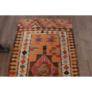 Vintage Turkish <b>Rug</b>, <b>Runner</b> 2.9x9.9 ft (87x302 cm) <b>Rug</b>, Orange Floral Wool <b>Rug</b> - Product Image 4