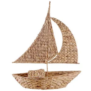 Home Essentials & Beyond Woven Water Hyacinth Sailboat Figurine in Natural water hyacinth Boat ornament sculpture object