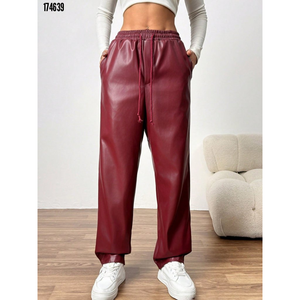 กางเกงหนังเอวสูงผูกเชือกสำหรับผู้หญิง รุ่น 38317 - สีเบอร์กันดี - Product Image 3