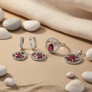 Ensemble de bijoux en argent 925 Art Palace, rubis, zircon, signe de la paix, boucles d'oreilles, bague, pendentif, style classique pour femmes, plaqué rhodium - Product Image 1