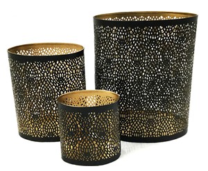 Bougie de Noël en métal de fer à revêtement en poudre noire faite à la main porte-bougie votif tendance conception de gravure S/3 forme ovale pour le métal à la maison - Product Image 1