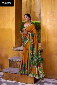Ropa tradicional india Poliéster Viscosa Chanderi Sari y piezas de Blusa con estampado Kalamkari para bodas y festivales - Product Image 6