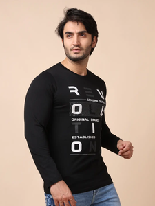 À la mode 100% coton hommes T-Shirt confortable élégant imprimé manches longues cou décontracté noir porter polyvalent Design à la mode - Product Image 4