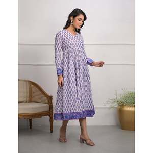 Vestido Angrakha 100% Algodón Blanco con Estampado de Bloques, Estilo Hippie Largo, Cintura Imperio, Casual, para Club o Día, ODM, Alta Calidad, Talla Única/XS - Product Image 5