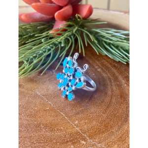 Navajo Kingman Turquoise & Sterling <b>Silver</b> <b>Statement</b> Butterfly Cluster <b>Ring</b> Bezel Setting Geometric Pattern Size 7 Everyday Wear - Product Image 4