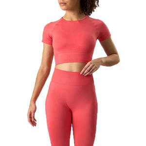 Top corto de secado rápido de Color sólido para mujer, camiseta de entrenamiento de gimnasio que absorbe el sudor de verano con manga corta lisa - Product Image 1
