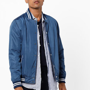 Men's Navy Blue Varsity Jacket Regular Fit Solid Color Casual Windproof Stand Collar <b>Covered</b> <b>Button</b> Closure Wool/Leather Shell - Product Image 1