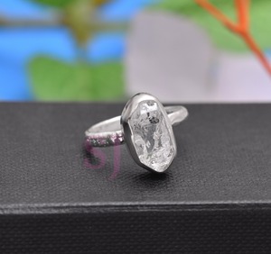 Bague classique en argent sterling 925 plaqué or, sertie de pavés, de forme fantaisie, en diamant Herkimer brut naturel fait à la main, qualité AAA, tendance - Product Image 2