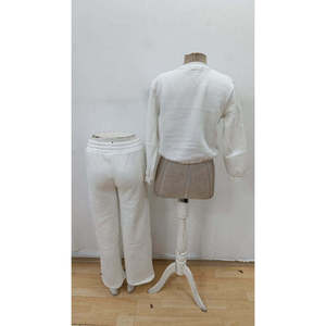 Ensemble deux pièces pour femme, chemisier à manches longues à col rond et pantalon à motifs, tissu brossé à deux fils, 29713 - Blanc - Product Image 5