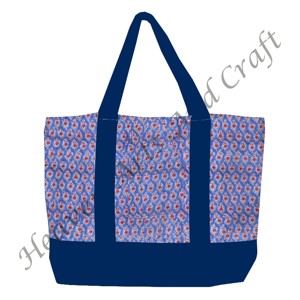 Sac fourre-tout en tissu imprimé à la main avec poignée bleue en provenance d'Inde, motif floral multi-main avec deux bretelles, vente en gros BHCB066 - Product Image 4