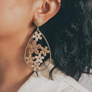 Boucles d'oreilles créoles fleur larme Boho paille osier mignon Floral à la mode déclaration bijoux pour les femmes fête - Product Image 5