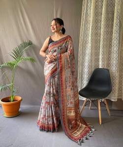 Saree de lino versátil con trabajo de lentejuelas y bordado a mano para ropa informal y de fiesta Sari exclusivo para una prima - Product Image 4