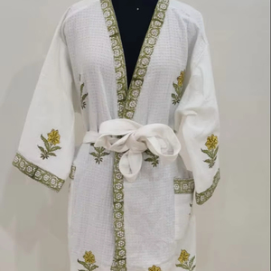 Femmes élégant 100% coton main bloc imprimé Kimono Robe de bain motif fleuri tenue de nuit/costume/maillot de bain/robe de soirée pour le printemps - Product Image 1