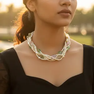 Collar trenzado de perlas de agua dulce y piedras preciosas de estilo bohemio y religioso, cadenas modernas, joyería llamativa para mujer, regalo religioso - Product Image 1