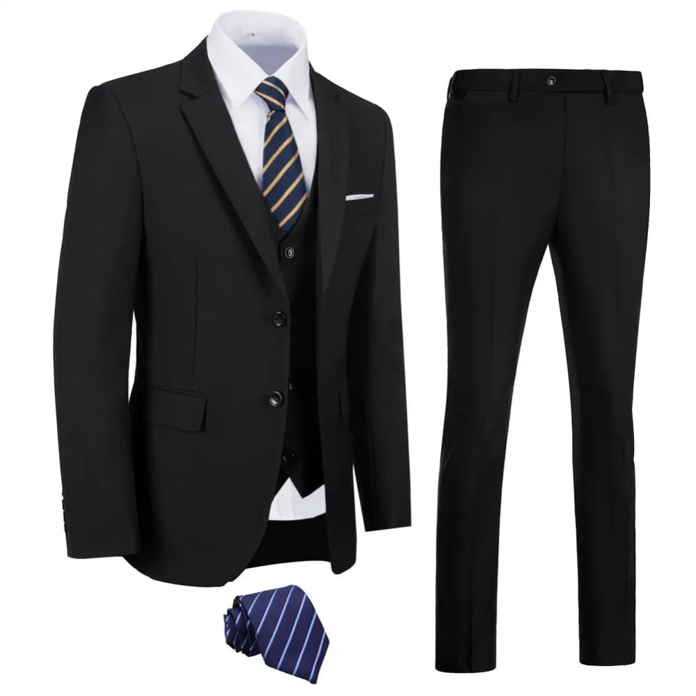 Men's Slim Fit 3 Piece Suit Two Button Business Wedding Dress Tux Suit Set Jacket Vest Pants with Tie
