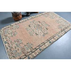 Tapis en laine turque vintage de 4.5x7.5 pieds Patchwork beige et bleu tissage plat pour décorations de salon avec support en latex - Product Image 2