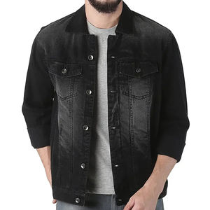 Veste en jean noire de haute qualité, col à boutons, poches chauffe-mains, lavable, jean ajusté - Product Image 1