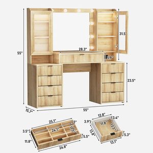 Tocador de maquillaje de roble acanalado de 55 \ ", espejo grande, tapa de cristal moderna, 9 cajones, estantes de almacenamiento abiertos, estación de carga, <span class=keywords><strong>vestidor</strong></span> grande - Product Image 4