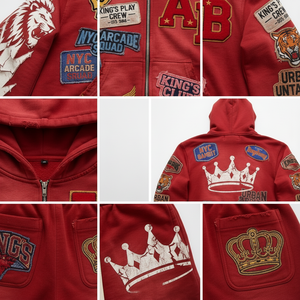 Conjunto de Sudadera con Capucha y Pantalones Cortos para Hombre, Rojo Vintage, Lavado, Transpirable, de Invierno, con Parches y Cremallera, Algodón Grueso, Estilo Urbano, OEM, Marca Privada - Product Image 5