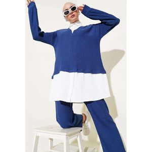 Ensemble 2 Pièces Tunique Chemise Garnie en Crêpe Bleu Marine - Product Image 2