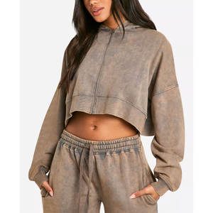 Top court à capuche pour femmes avec logo personnalisé, sweat-shirt à capuche court respirant et lavé à l'acide, vente en gros à prix d'usine, haut pull streetwear - Product Image 1