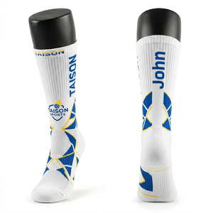 Premium 180 GSM Cotton Polyester Blend Netball <b>Socks</b> Breathable White Blue Yellow Panel Design Jacquard Knit Custom Logo - Product Image 1
