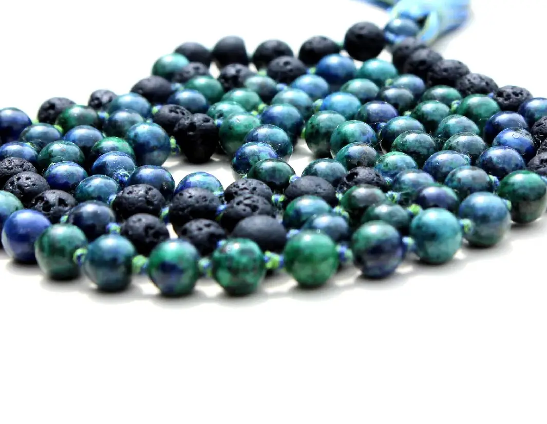 Buy Top Grade Azurite Chrysocolla 7 Chakra Yoga Jewelry 108 Knotted Mala Beads Handmade Indian Artist Beaded Necklaces