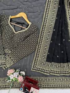 Sari noir de jais brodé pour femmes, sari en georgette de designer à bordure lourde, idéal pour les mariages, les fêtes et les festivals - Product Image 3