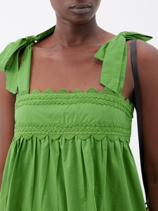 Vestido Casual de Verano para Mujer, Estilo Boho, Verde, de Algodón, con Cuello Cruzado y Lazos, Sin Mangas, con Volantes en el Bajo, Corte Holgado - Product Image 4