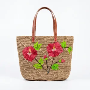 Bolso Tote de Rafia Bordado con Diseño de Baobab y Árbol Floral, Estilo Bohemio, para Playa, Verano, Abierto - Product Image 2