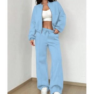 Gris Bomber Veste Pantalon Femmes 2 Pièces Ensemble Casual À Manches Longues Fermeture Éclair Manteau Casual Solide Sweat Pantalon Costume - Product Image 2