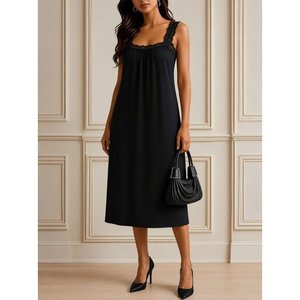 Vestido Largo de Viscosa con Cuello Cuadrado y Tirantes de Encaje Elegante para Mujer de Jane's, Vestido de Fiesta de Verano sin Mangas de Corte Regular y Largo Midi - Product Image 2