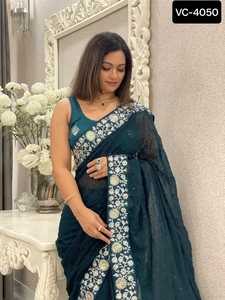 Hermosa Georgette Lentejuelas Bordadas Partywear Sari para Boda y Fiesta para Mujeres a Precio Asequible para Tarifa Mayorista - Product Image 5