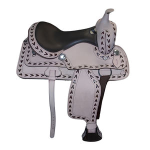 Ensemble de selle occidentale faite à la main en cuir véritable usiné comprenant une bride synthétique pour les courses de barils d'équitation - Product Image 2