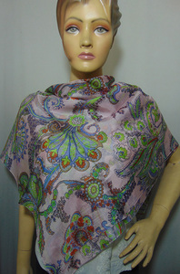 Lady's Lightweight 100% Pure <b>Silk</b> Shawl <b>Scarf</b> Long <b>Square</b> with Geometric Paisley and Flower Print Adult Department - Product Image 1