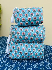 Neceser grande con estampado de bloque indio acolchado, neceser impermeable de algodón acolchado | Bolsa de maquillaje con estampado de bloque | Neceser para cosméticos - Product Image 2