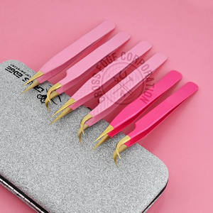 Pinza profesional para extensión de pestañas con punta de fibra, curvada a 45 grados, con agarre de diamante, punta puntiaguda, de acero inoxidable. - Product Image 1