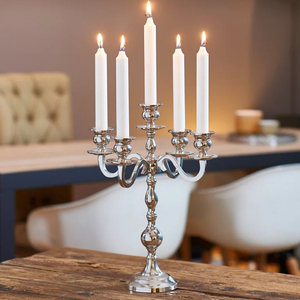 New Customized size 5-Arm <b>Candelabra</b> Shiny Silver Aluminum New Design Metal Tabletop Candle Stand centerpiece for wedding decor - Product Image 5