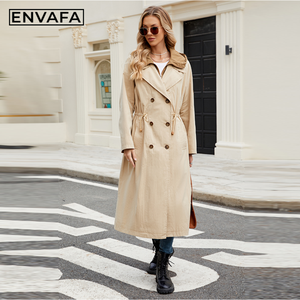 Gabardina Larga Color Caqui de Alta Calidad, Personalizada, Resistente al Viento, para Mujer, con Cordón Ajustable, Doble Botonadura y Capucha - Product Image 5