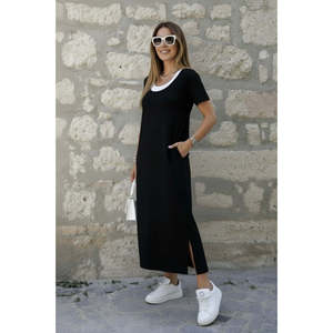 Robe longue en viscose à manches courtes, style débardeur, avec fente latérale, pour femme, 35376 - Noir - Product Image 4