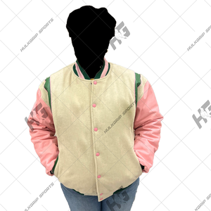 A | K | Chaqueta Letterman de Lana/Nylon Rosa con Mangas y Tirantes Verdes, Cuello Alto, Estilo Urbano, Invierno, Unisex, Bordado - Product Image 6
