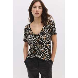 T-shirt décontracté à col en V à motifs et manches longues en viscose/polyester - Product Image 1