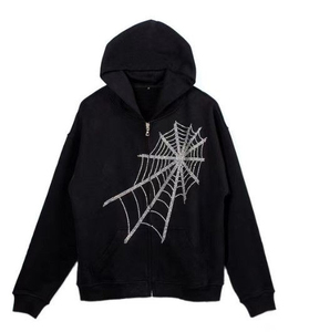 Venta al por mayor de alta calidad de encargo de cremallera completa Logotipo de diamantes de imitación Sudadera con capucha de diamantes de imitación personalizados - Product Image 1