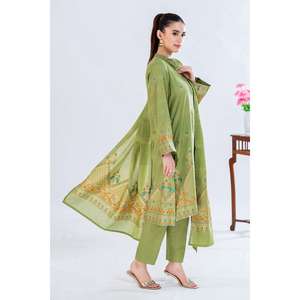 ชุดสูทผ้าแจ็คการ์ดสีเขียวสำหรับผู้หญิง ผ้าฝ้าย 100% ปักมือ 3 ชิ้น แบบยังไม่เย็บติดกัน - Product Image 4