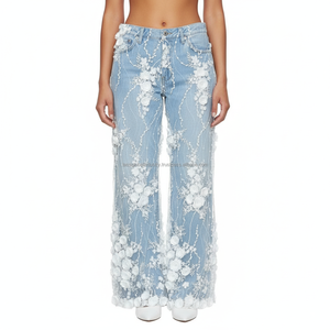 Pantalones Vaqueros Acampanados con Parches de Encaje Blanco para Mujer, Estilo Y2K, Casual, Streetwear, Alta Calidad, Alta Elasticidad, Retro, OEM/ODM - Product Image 1