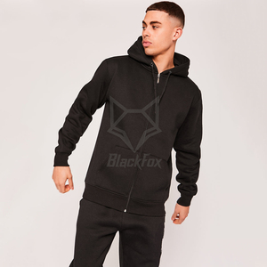 Men's Black Hooded Tracksuit Full <b>Zip</b> Casual Two Piece Set Solid Color Cotton Sweatshirt and Pants Autumn Wear - Product Image 1