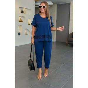 Ensemble deux pièces pour femme, chemisier à manches courtes et col en V en viscose à paillettes et pantalon, 36144 - Bleu marine - Product Image 3